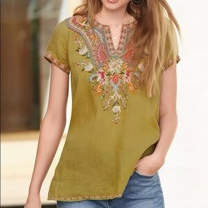 JOHNNY WAS Workshop Tikal Notched Neck Drape Embroidered Top EUC
